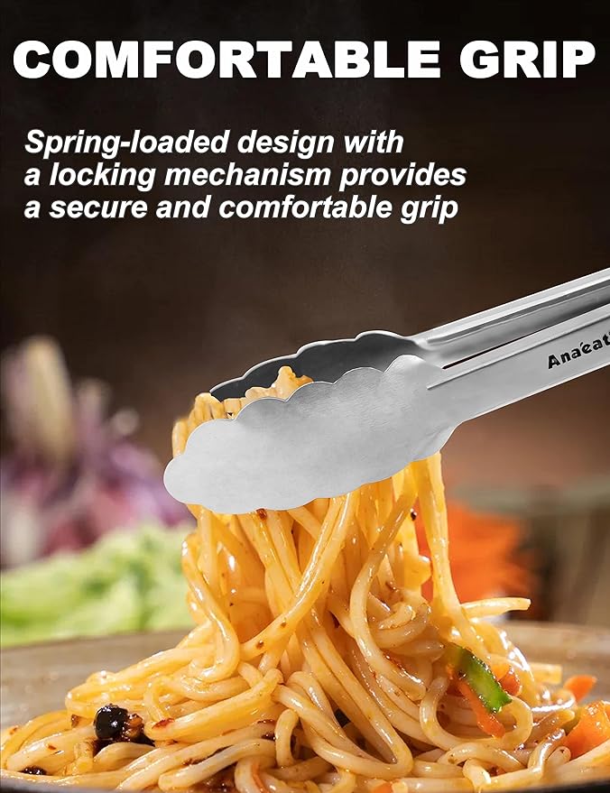 Anaeat 7" Mini Cooking Tong Stainless Steel - Sturdy Coiled Spring Locking Kitchen Food Tong with Non-Slip Silicone Grip for Serving, Cooking, Baking - Heat Resistant up to 480°F (Black)