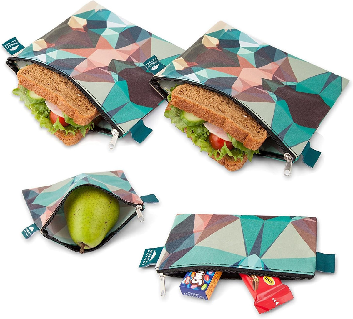 Nordic By Nature 4 Pack - Reusable Sandwich Bags Dishwasher Safe BPA Free - Durable Washable Quick Dry Cloth Baggies -Reusable Snack Bag School Lunches - Easy Open Zipper - (Mosaic Camo)