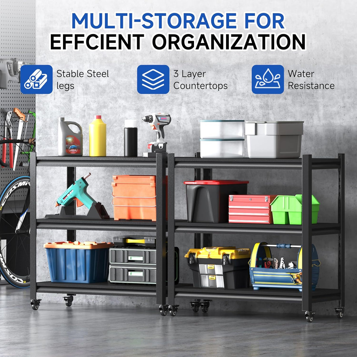 3 Tier Adjustable Garage Storage Shelving,Heavy Duty Utility Rack Shelf Unit on 4 Wheel Casters,Standing shelves for Garage, Home, Pantry,Kitchen,Warehouse,Bathroom & Laundry,Storage Rack - Black