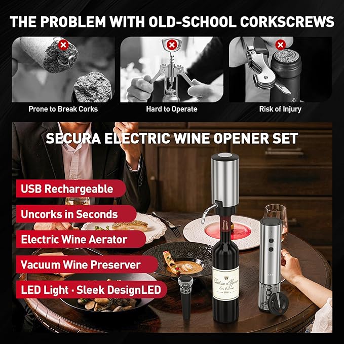 Secura Rechargeable Electric Wine Opener Set, 4-in-1 Wine Set with Electric Corkscrew Wine Opener, Electric Wine Aerator & Dispenser, Foil Cutter, Vacuum Wine Stopper for Wine Lovers, Silver