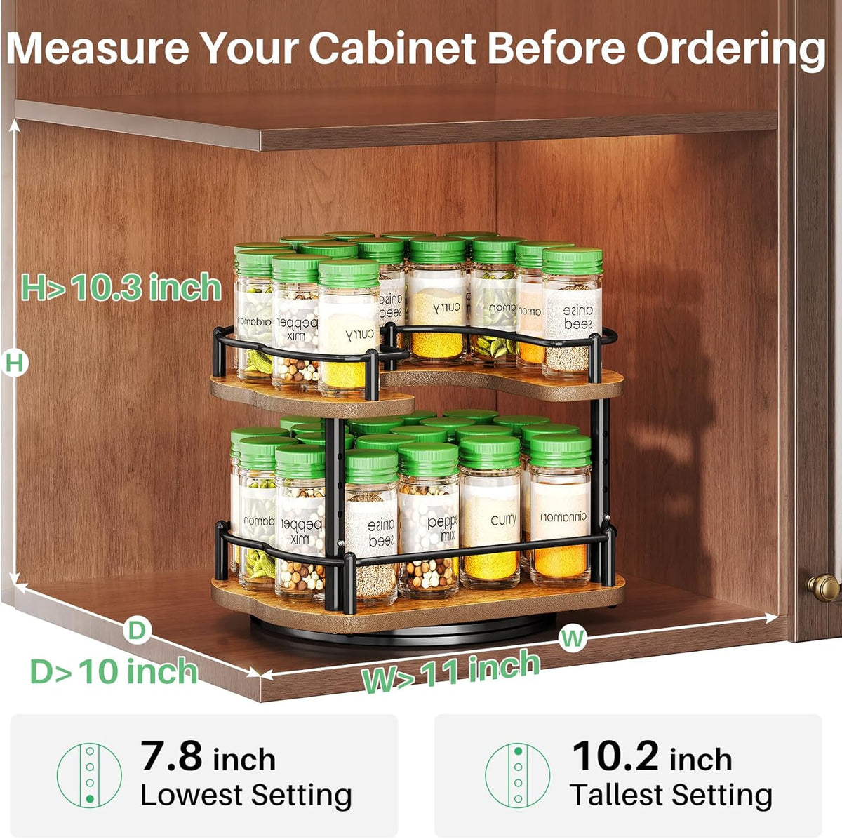 SNTD Spice Rack Organizer for Cabinet - Height Adjustable Rotating Lazy Susan, Wooden Spice Organization for Tabletop, Pantry, or Kitchen Counter, Fits Cabinets Over 11" Wide and 10.3" High