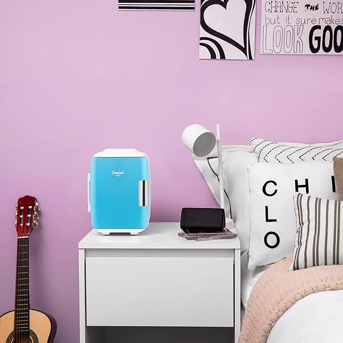 Cooluli Mini Fridge for Bedroom - Car, Office Desk & Dorm Room - Portable 4L/6 Can Electric Plug In Cooler & Warmer for Food, Drinks, Skincare Beauty & Makeup - 12v AC/DC & Exclusive USB Option, Blue