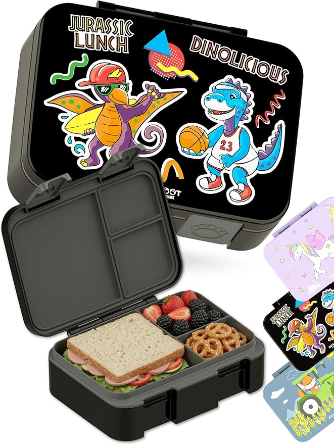 BEARFOOT Kids Lunch Box with Compartments – Compact & Lightweight | Leak-Proof, BPA-Free, Dishwasher & Microwave Safe | Hand-Drawn Design for Preschool, School, Travel (Dinos Black, 2.75 Cups)