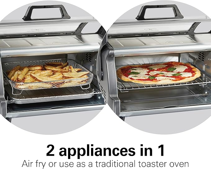 Hamilton Beach Air Fryer Toaster Oven Combo with Large Capacity, Fits 6 Slices or 12” Pizza, 4 Cooking Functions for Convection, Bake, Broil, Roll-Top Door, Easy Reach Sure-Crisp, Stainless Steel