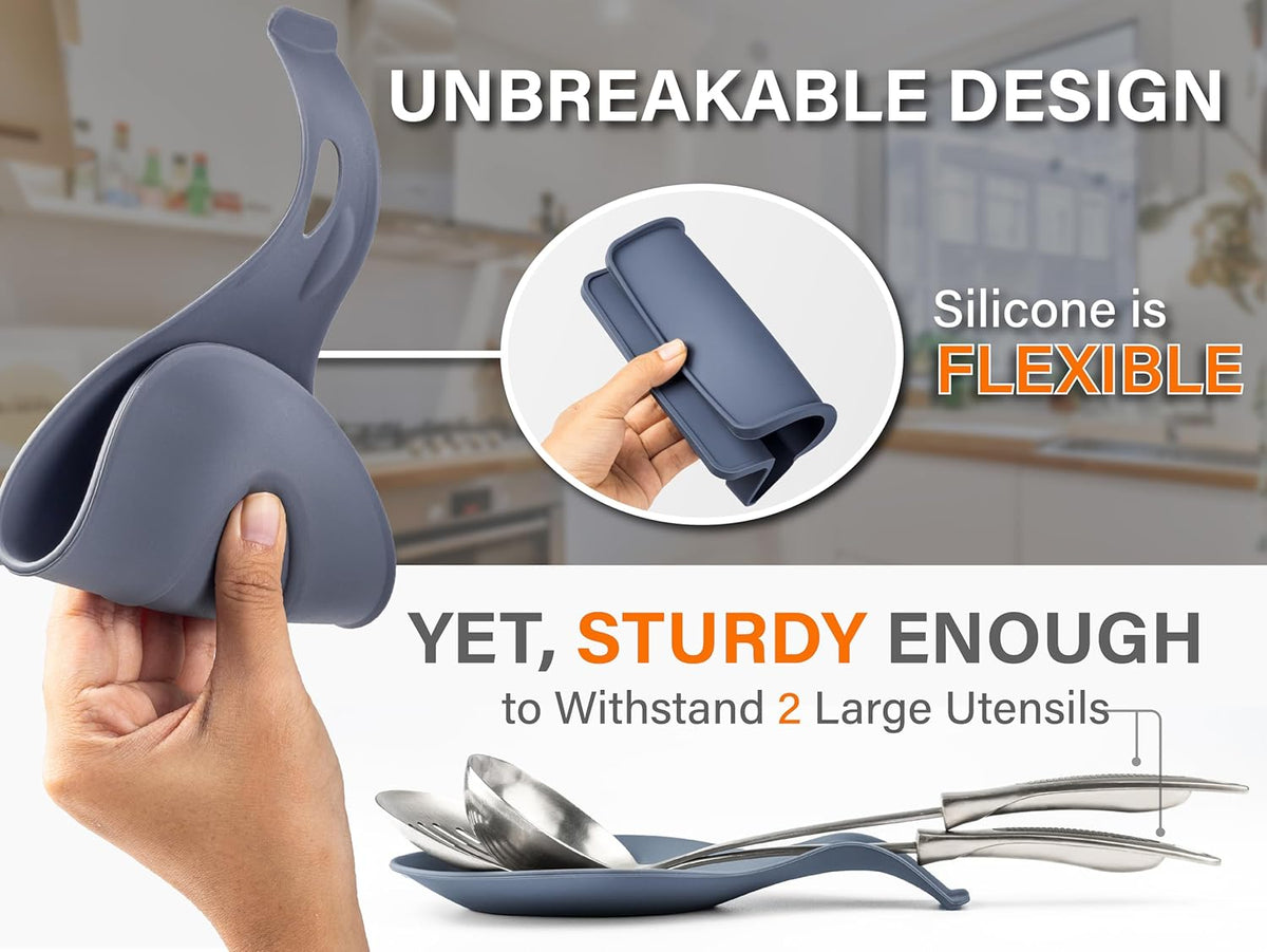 Silicone Spoon Rest for Stove Top, 2 STYLES - HEAT RESISTANT, EASY TO CLEAN Kitchen Spoon Rest for Kitchen Counter, Holds XL Utensils, Safe on GLASS & INDUCTION Cooktops, DOESN’T BREAK if Dropped