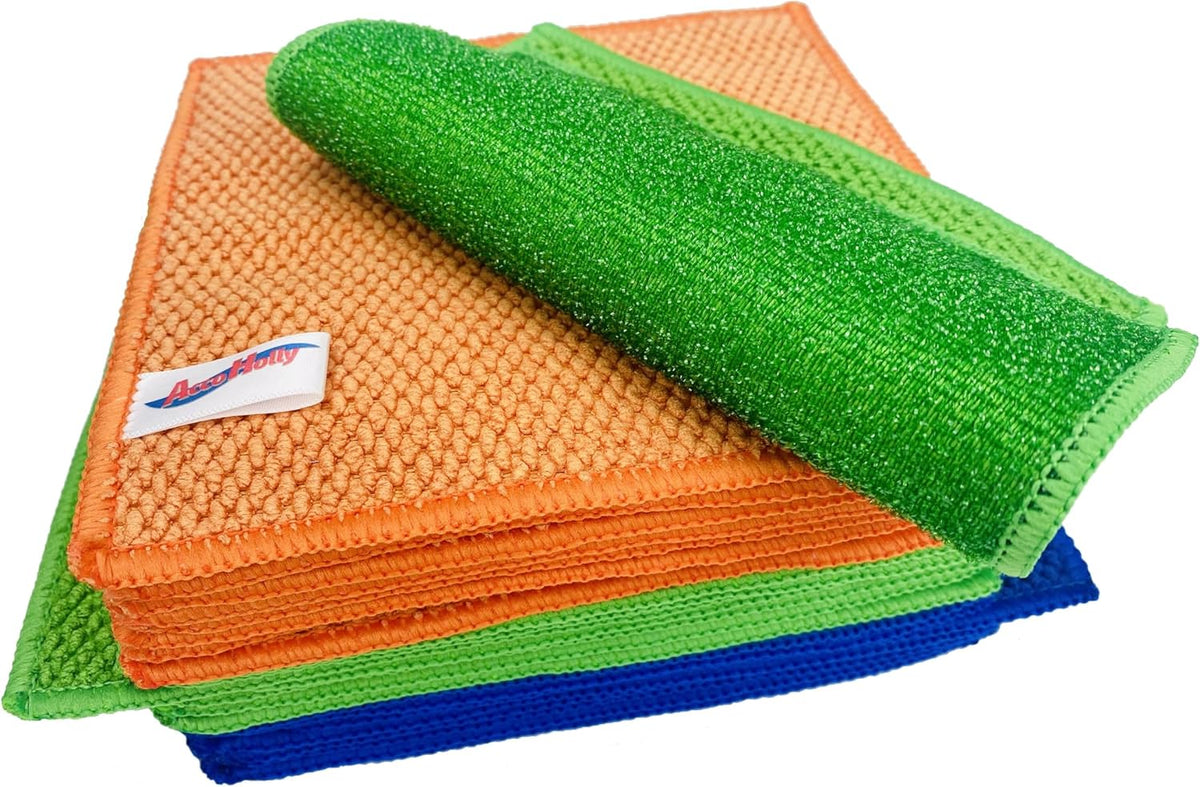 24 Pack Microfiber Scrub Dish Cleaning Cloth, Non-Scratch, Reusable & Durable for Pan Pot Dish Cooktop Stovetop Counter Kitchen Household, Machine Washable, 6 x 6 Inch, Orange, Blue & Green Assorted