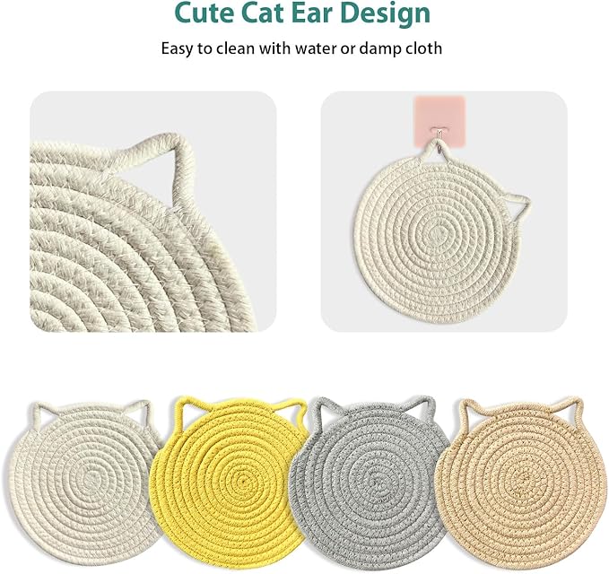 UKJENT 7" Trivets for Hot Dishes - 4 Pcs Cat Shaped Cotton Trivet Mats with Storage Basket, Heat Resistant Hot Pads Pot Holders for Hot Pots & Pans, Kitchen Counter Farmhouse Table Decor Essentials