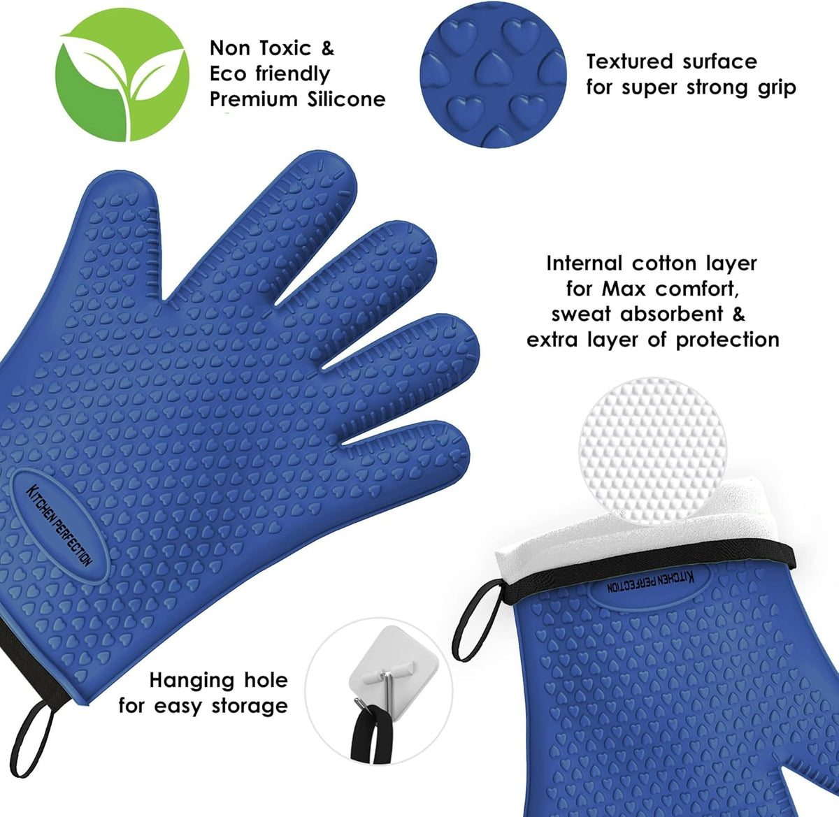 KITCHEN PERFECTION XL Silicone Smoker Oven Gloves-Extreme Heat Resistant BBQ Gloves-Handle Hot Food Right on Your Grill Fryer&Pit|Waterproof Grilling Cooking Baking Mitts|Superior Value Set+3 Bonuses
