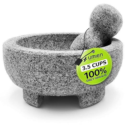 Umien™ Granite Mortar and Pestle Set - 100% Granite - 3.5-Cups - 8-Inch – Avocado Tool Included – Natural Stone Molcajete for Spices, Pestos, & Guacamole (Grey) - Stone Grinder - Guacamole