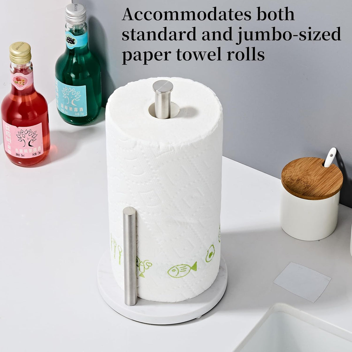 Brushed Nickel Paper Towel Holder,Stainless Steel Paper Towel Holder for Kitchen Roll Organize, Standard or Jumbo-Sized Roll Paper, Countertop Roll Dispenser with Marble Base