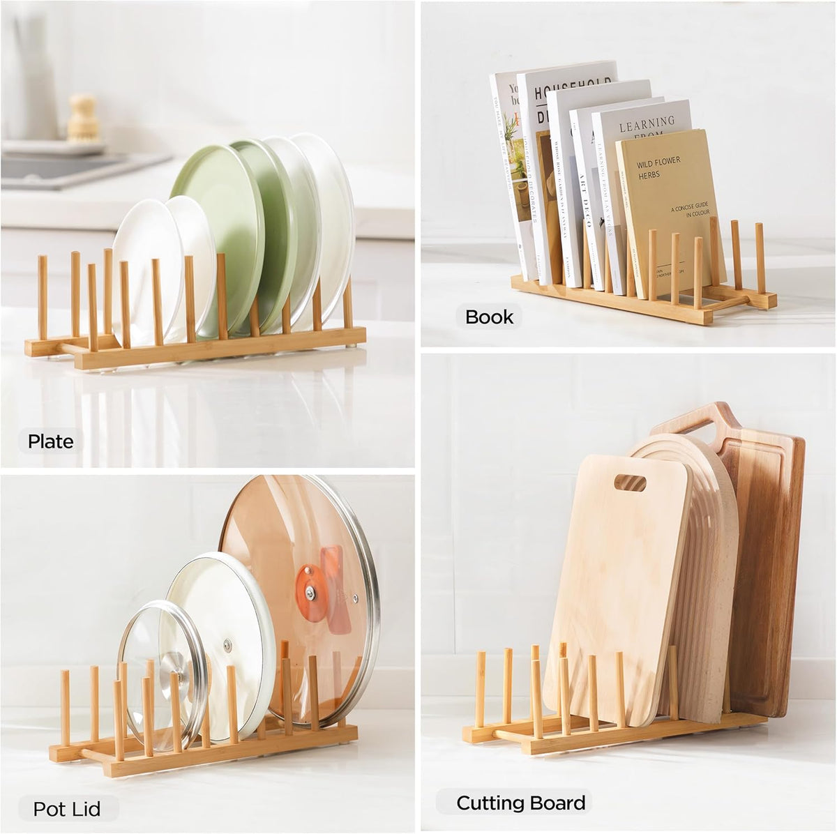 Bamboo Dish Drying Rack for Kitchen Counter and Cabinet, Dish/Book/Plate/Bowl/Cup/Cutting Board/Pot Lid Organizer for Kitchen, Living Room, Study, Display Cabinet (8 Slots)