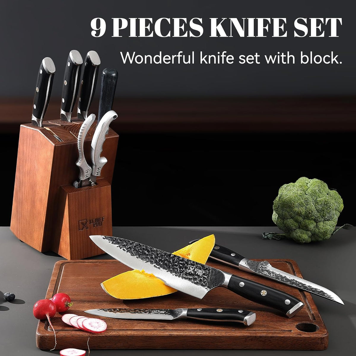9 Pieces Knife Set with Block, Hand Forged High Carbon Steel Sharp Blade Cooking Knives Set with Holder for Kitchen, Block Chef Knife Set Professional, Best Gifts for Men Women