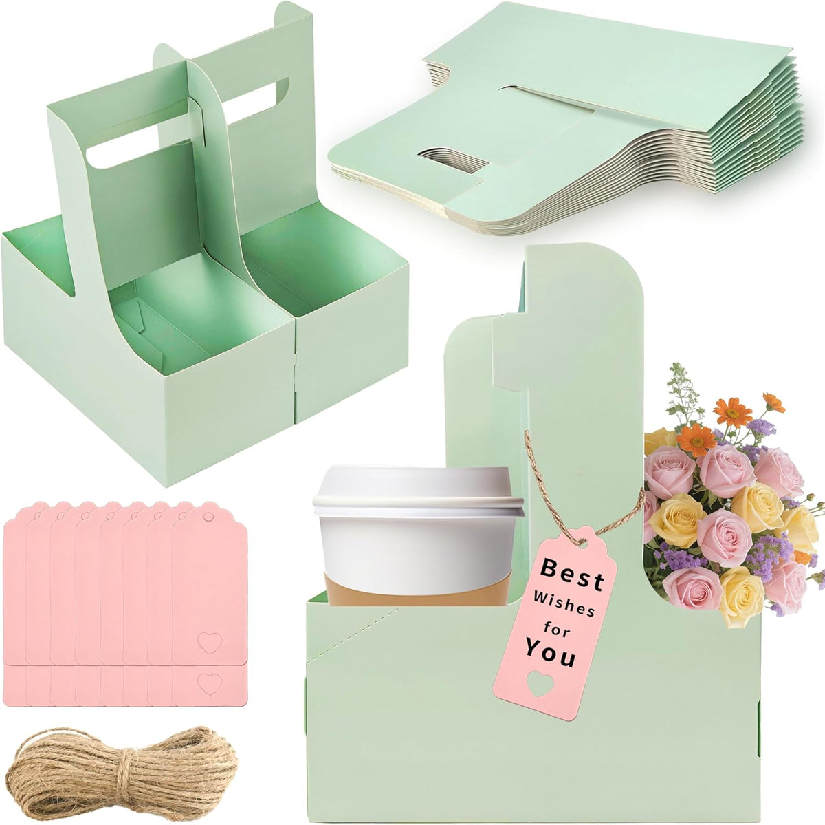 2 Cup Drink Carrier,16 Pack Coffee Cup Holders with Handle,Cardboard Cup Holders for Hot or Cold Drinks,Coffee Carrier with Ribbon and Card,Food Delivery Services and Bouquet(Green)