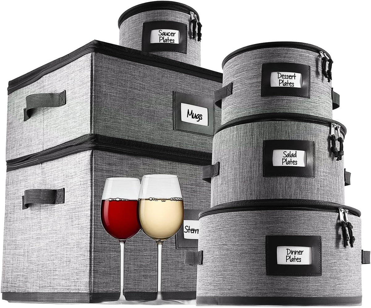 Hearth & Harbor Fine China Storage Containers, 6 Piece Dish Storage Containers, Stackable Plate Storage, Coffee Mug Storage and Wine Glass Storage Box with Dividers, Quilted Dish Organizers, Grey