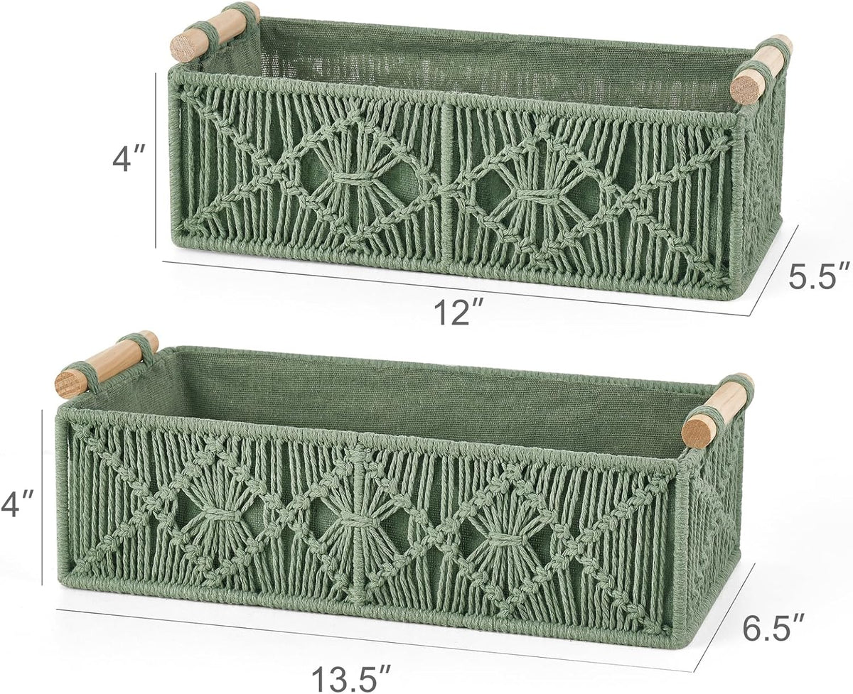 Mkono Macrame Storage Baskets Boho Decor Box Handmade Woven Decorative Countertop Toilet Tank Shelf Cabinet Organizer for Bedroom Livingroom Home, Set of 2, Green