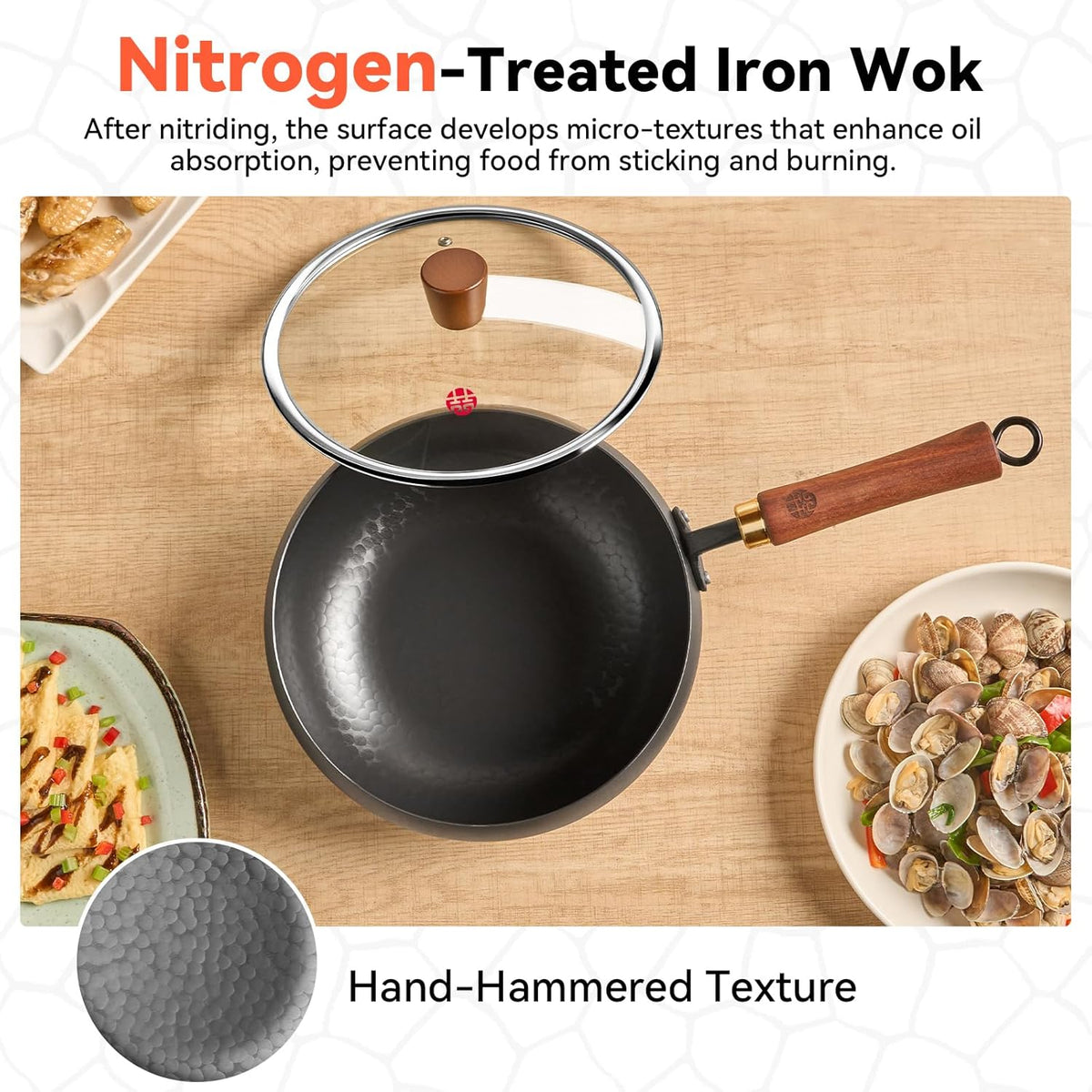 WANGYUANJI 9.5-Inch Wok Pan with Lid – Handmade Round Cooking Wok, Deep Frying Pan with Detachable Wooden Handle, No Chemical Coated Wok Flat Bottom for Induction & Gas Stoves