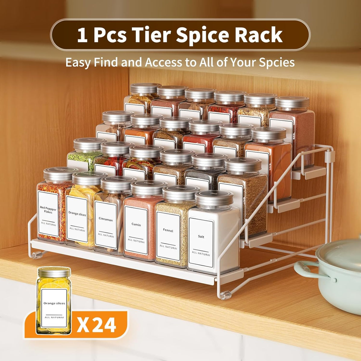Tiered Spice Rack, 4 Tier Spice Shelf Organizer for Cabinet, Spice Rack Organizer, Depth Adjustable Seasoning Rack Organizer for Cabinet, Countertop, Pantry, Metal, White (1 Pack)