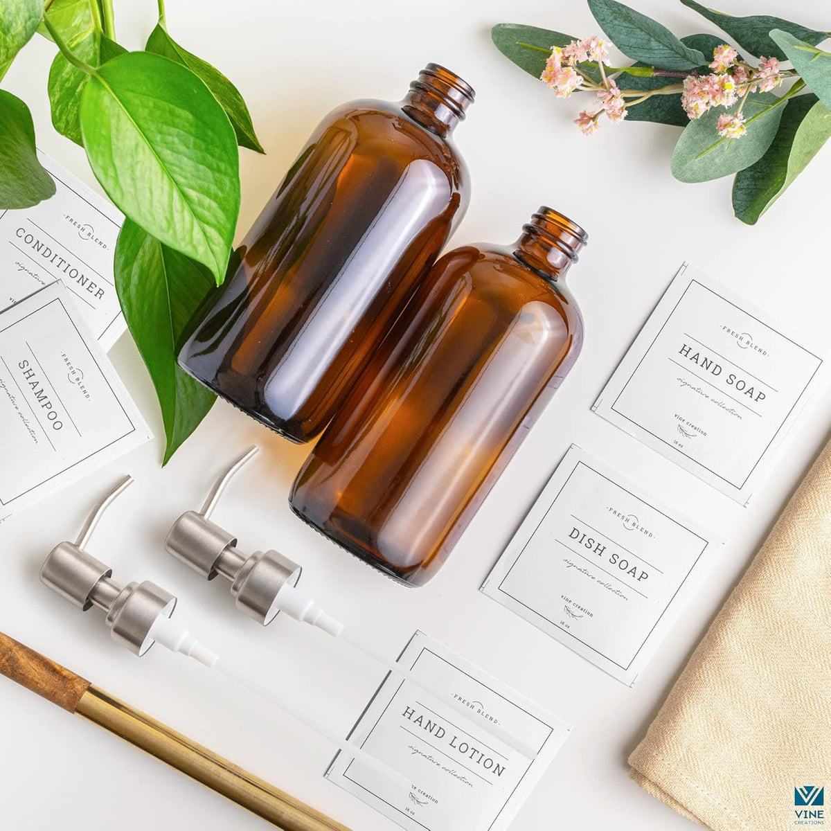 Vine Creations Amber Glass Soap Dispenser, 2 Pack Kitchen Soap Dispenser Set with Stainless Steel Pump, 16 oz Hand Soap or Dish Soap for Bathroom or Kitchen with Waterproof Labels