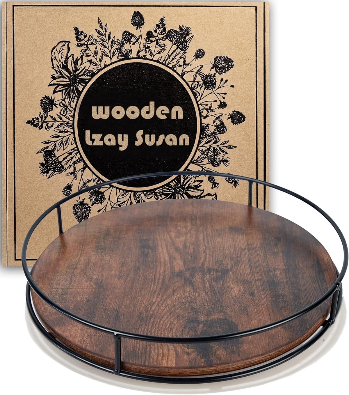 12 Inch Wood Lazy Susan, Rustic Brown Turntable Organizer with Steel Frame, 360 Degree Decorative Turntable for Countertop or Centerpieces