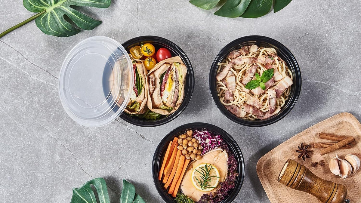 FULING 38 oz 50 ct Round Meal Prep Containers with Lids Plastic Food Storage To Go Lunch Plan Box Disposable Take Out Bowls Black BPA Free Reusable Durable Stackable Microwave Freezer Dishwasher Safe