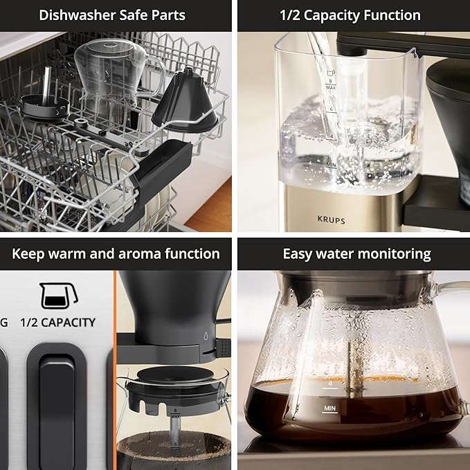 KRUPS Essential Brewer 8 Cup Drip Coffee Maker Machine, SCA-Certified, Blooming Technology, Barista-Quality, Pour Over Coffee Machine, Easy to Clean, Stainless Steel Design, Silver