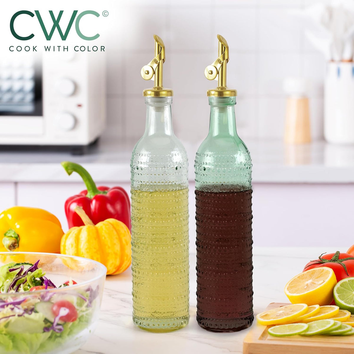 COOK WITH COLOR Glass Olive Oil Bottle Dispenser - 2 Pack- 17oz Oil and Vinegar Cruet - Olive Oil Carafe Decanter for Kitchen