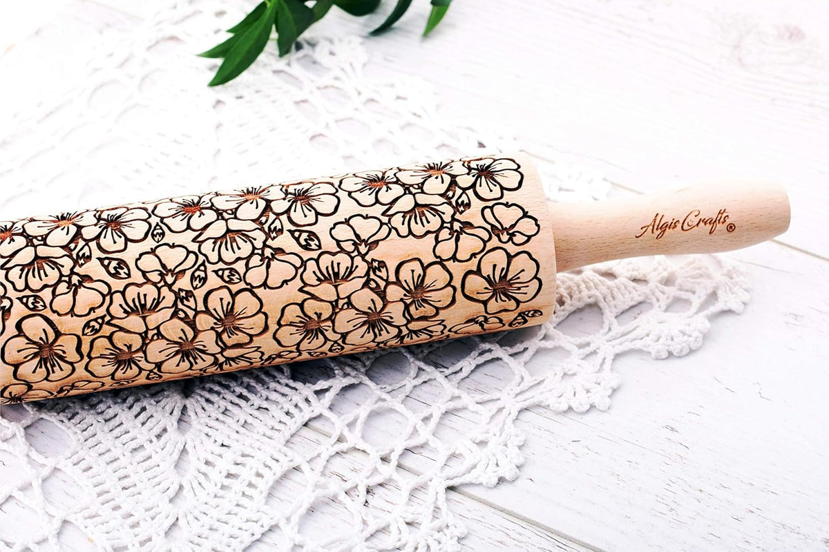Embossed rolling pin SAKURA. Leafy green and flowering plants on embossed dough roller