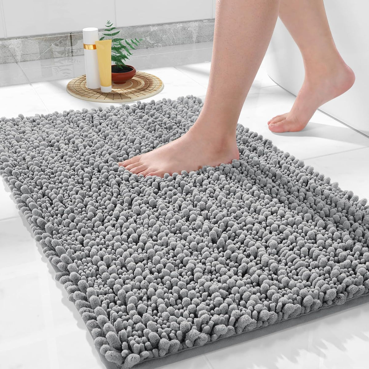 Yimobra Bathroom Rugs Non Slip Washable 32x20 Inch - Ultra Soft Absorbent Chenille Bath Mat, Quick Dry Shaggy Floor Carpet for Tub Shower, Gray Home Decor Accessories