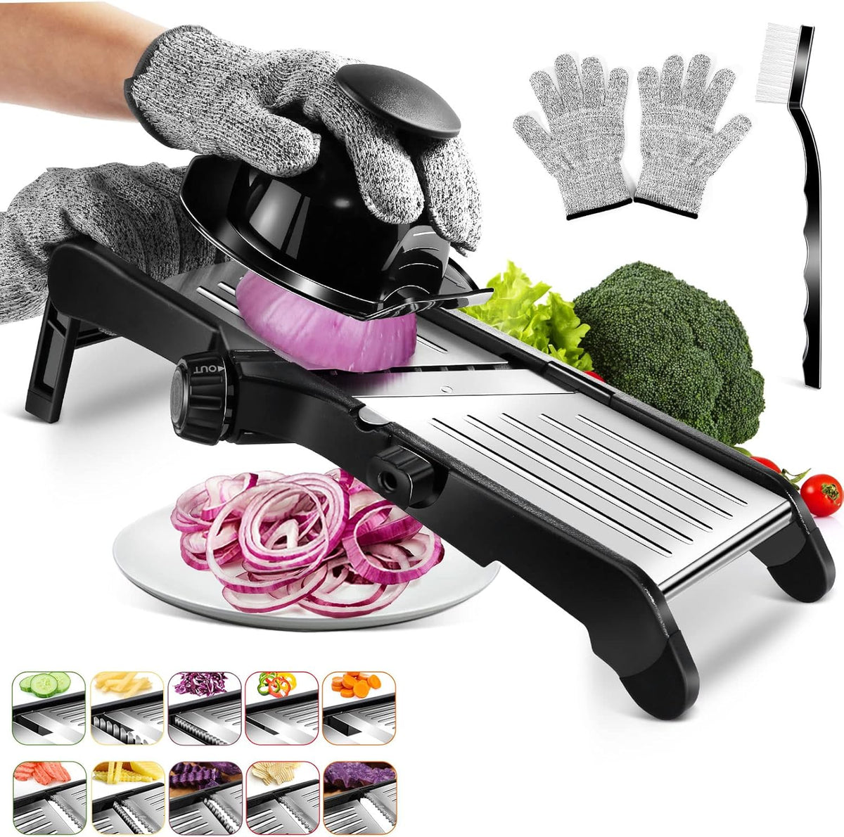 MASTERTOP Mandoline Slicer for Kitchen Adjustable Stainless Steel Food Slicer Vegetable Chopper Onion Waffle French Fry Cutter Potato Chip Julienne Slicer with Safety Gloves