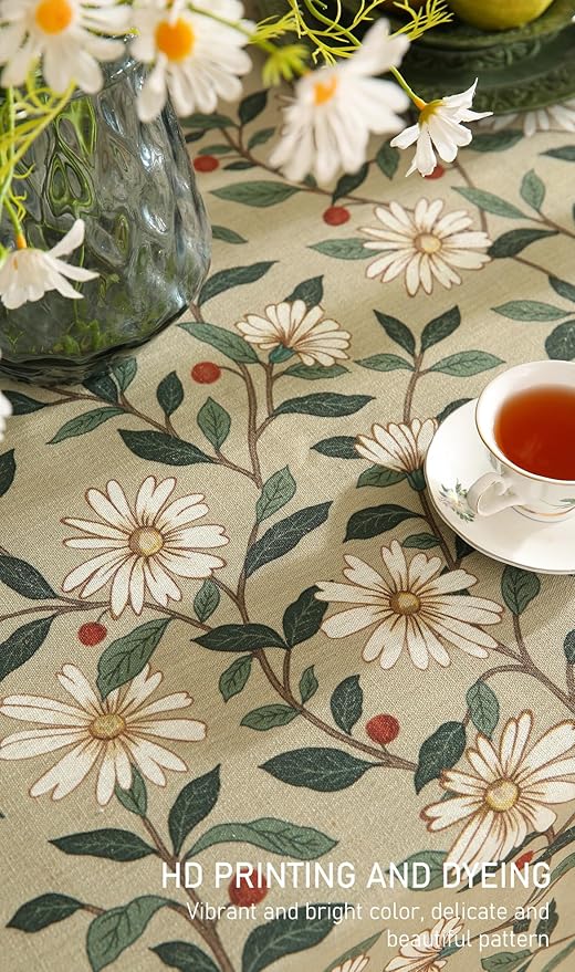 ISAENNE Designer Green Linen Long Rectangle Tablecloth,Floral French Country Indoor Table Cloth,Stain Resistant Home Decor Tablecloths for Dining Kitchen Thanksgiving Party,63"*94"-Brune