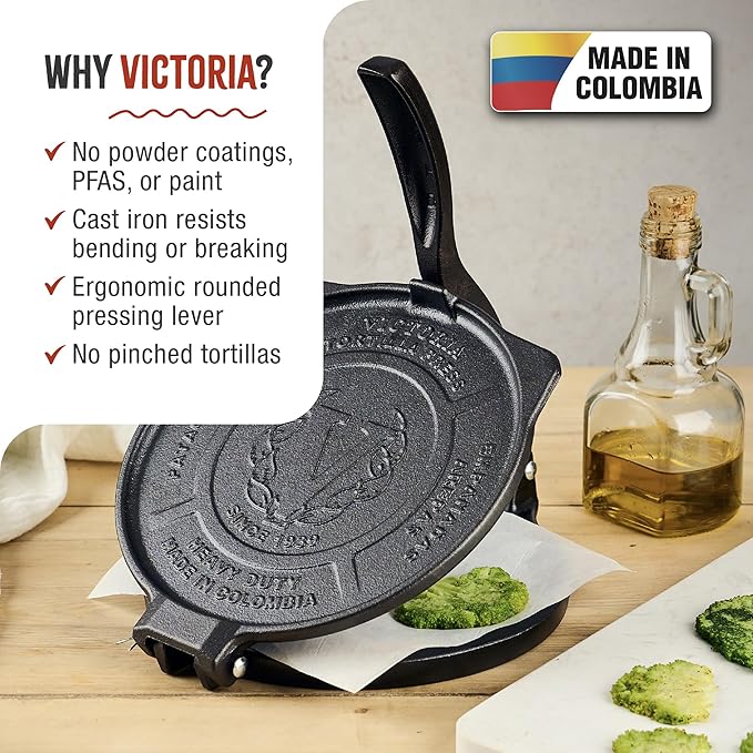 Victoria 8-Inch Cast Iron Tortilla Press HD Spherrous, Commercial-Grade Cast Iron Tortilla Maker, Roti Press, Pataconera Seasoned with Flaxseed Oil, Made in Colombia, Black