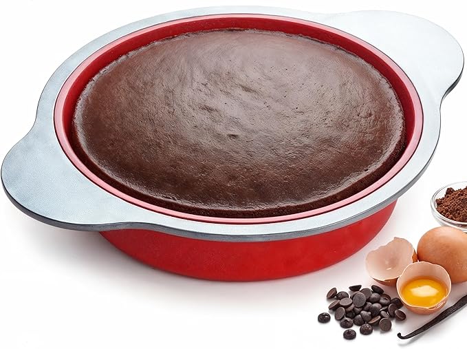 Boxiki Kitchen 9 Inch Non-Stick Silicone Round Cake Pan with Steel Frame Handles - Perfect for Baking Delicious Round Cakes