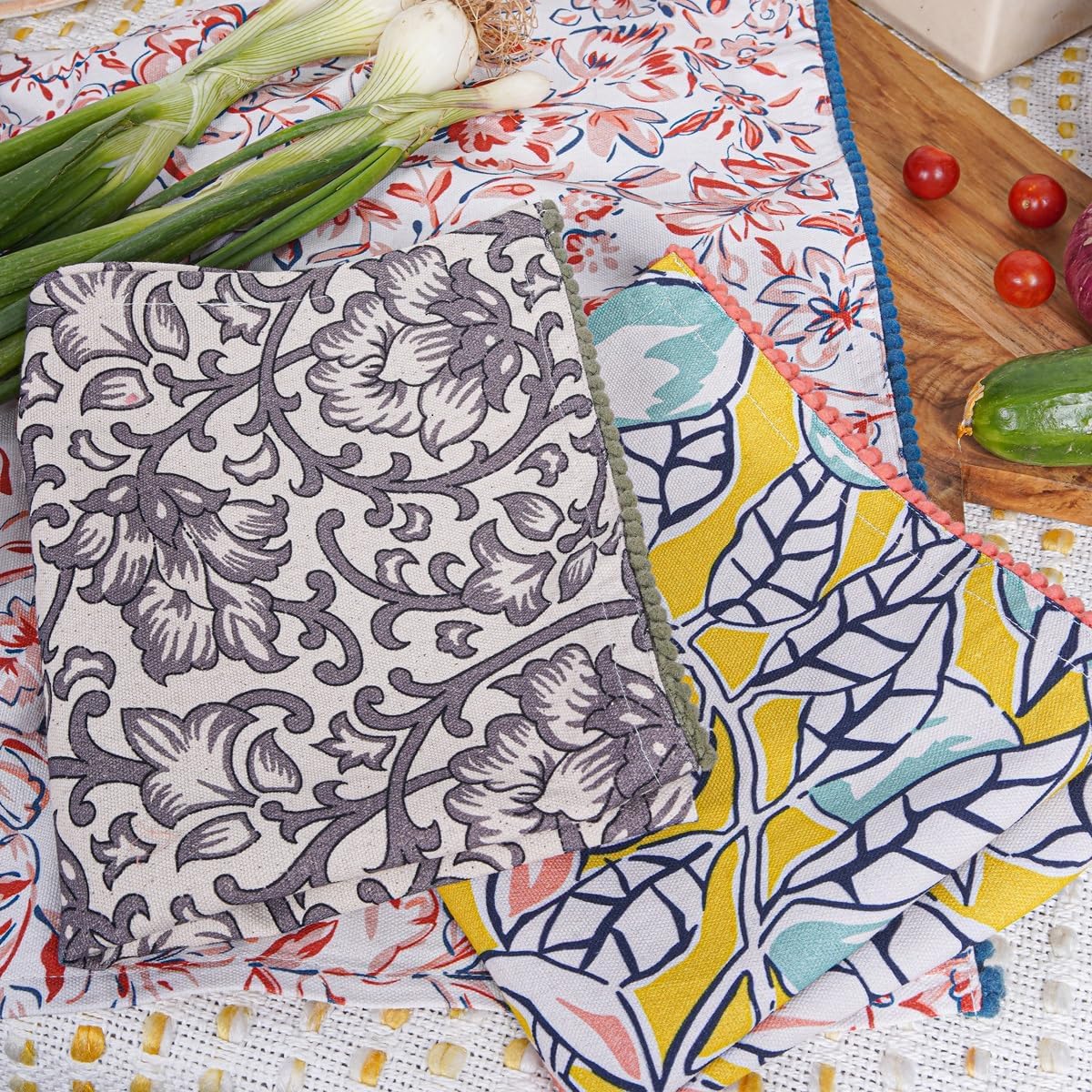 Printed Kitchen Dish Bar and Tea Towels Cotton, 18x28 inch with Trims, Cotton Dish Towel Sets (Multicolor, Set of 3)