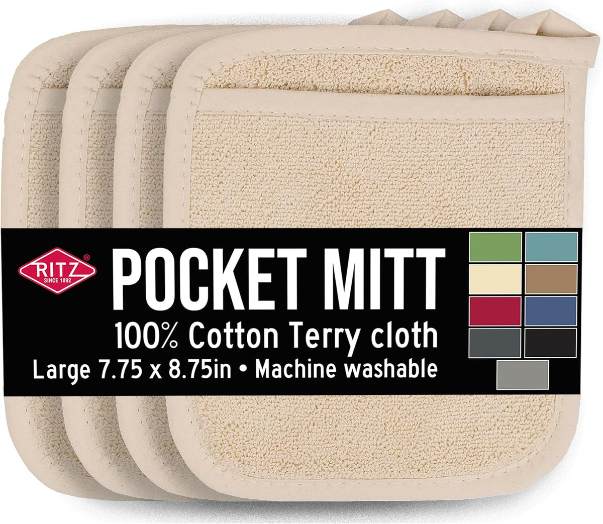 RITZ Terry Pocket Mitt & Hot Pad: Unparalleled Heat Resistant, Durable 100% Cotton,Ergonomically Designed for Optimal Grip, Easy-Care Machine Washable 4-Pack, Latte