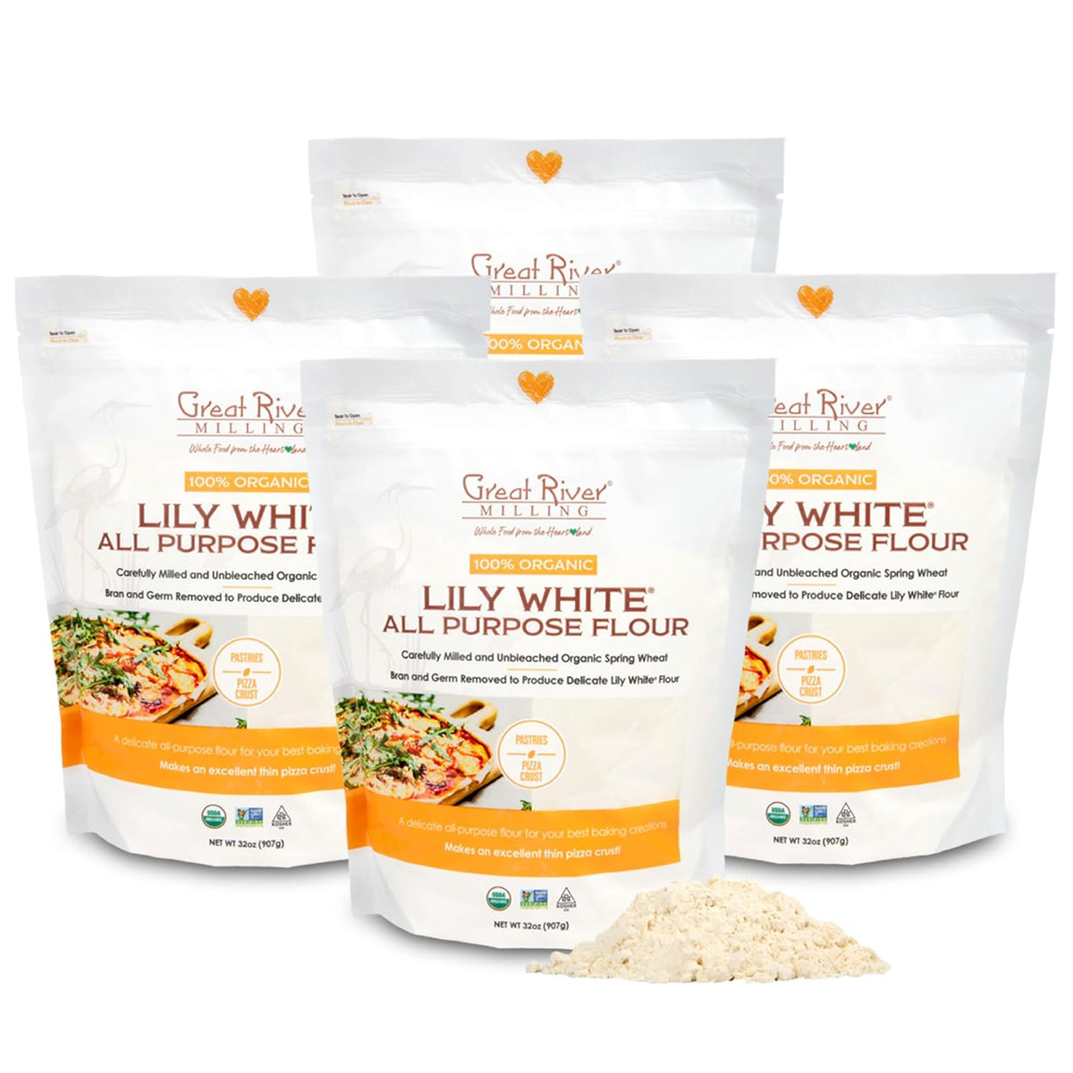 Great River Organic Milling Lily White Organic All-Purpose Flour | Unbleached & Unbromated | Non-GMO, Kosher | Ideal for Bread, Cookies, Cakes, Pizza Dough & Everyday Baking | 2 Lb (Pack of 4)