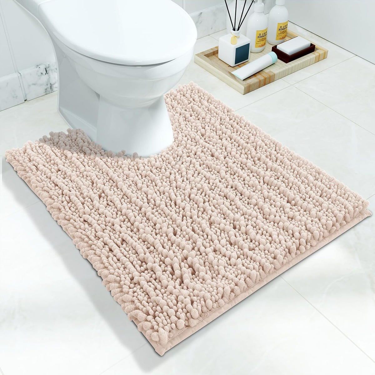 Yimobra Toilet Rug U Shaped Washable 24x20 Inch - Ultra Soft Absorbent Chenille Bath Rugs for Toilet, Quick Dry & Machine Washable, Non Slip Contour Bathroom Mat, Pinkish Beige
