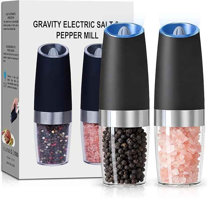 Gravity Electric Salt and Pepper Grinder set of 2, Automatic Salt And Pepper Grinder Set, Adjustable Roughness, Battery Powered, LED Light, 2 Pack, (Black)