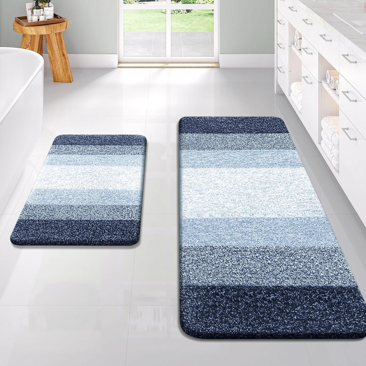 OLANLY Bathroom Rug Mat 44x24, Extra Soft and Absorbent Microfiber Bath Rug, Non-Slip Plush Shaggy Bath Carpet Runner, Machine Wash Dry, Bath Mats for Bathroom Floor, Tub and Shower, Navy Blue