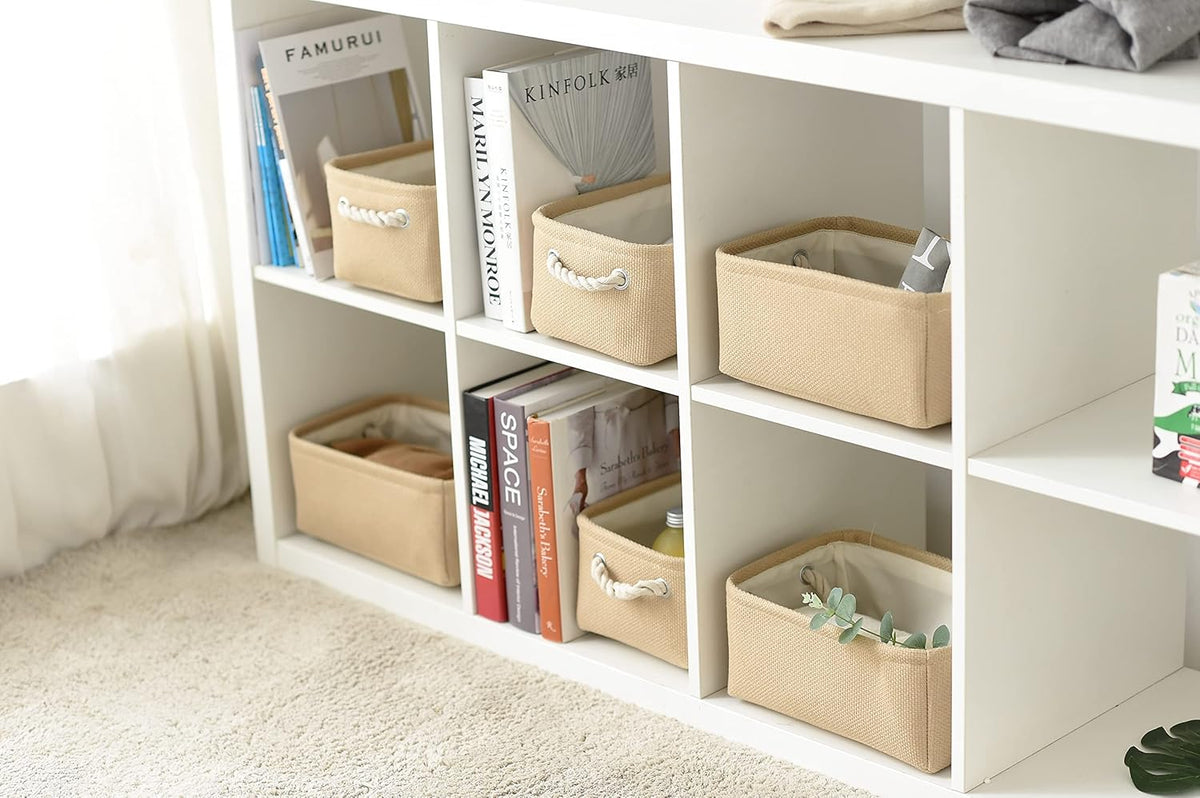 Organization and Storage Basket for Gifts Empty - 12x8x5.2 inch Small 6 Pack Collapsible Storage Box for Organizing, Fabric Storage Cubes for Cloth Books Laundry Canvas(Beige)