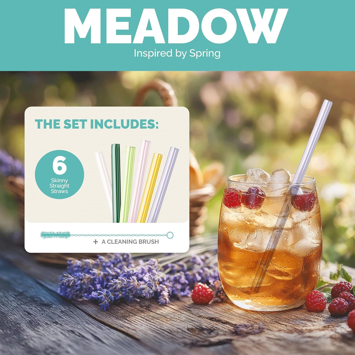 Simply Straws 6 Inch Skinny Glass Straws (6-Pack) - Reusable Cocktail Straws for Mixed Drinks, Low Balls, Coffee & Tea, with Cleaning Brush – Dishwasher Safe, Hot & Cold Use, BPA-Free (Meadow)