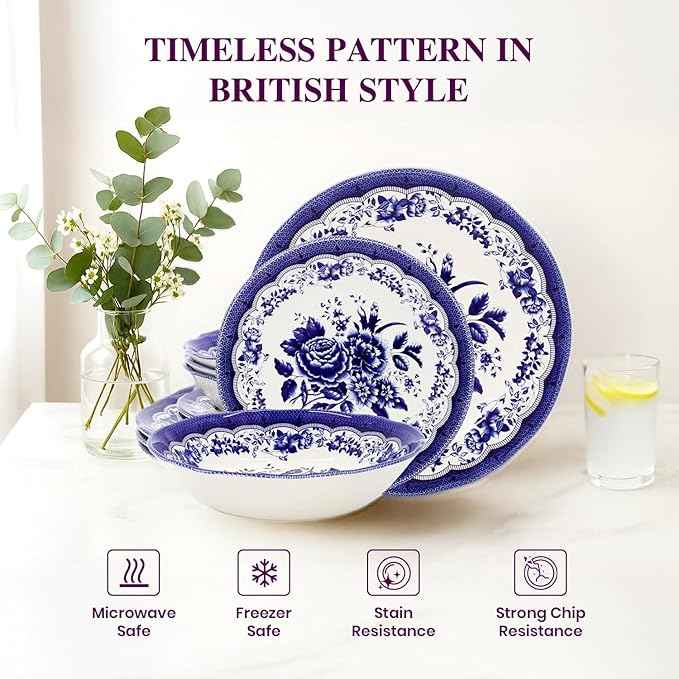 Tudor Royal 12-Piece Porcelain Round Dinnerware Set, Service for 4, Victoria Blue Design, Blue Floral, Plates Bowls Dishes, Glossy, Premium Quality Tableware, Unique Pattern