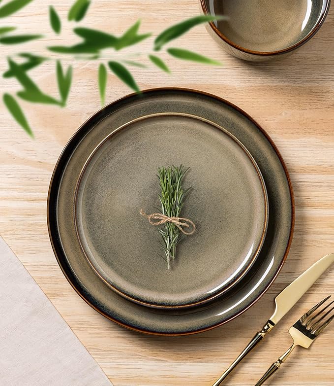 TheTerra Ceramic Dinnerware Sets for 4, 12 Pieces Handmade Reactive Glaze Plates and Bowls Set, Scratch Resistant Dish Set, Oven & Microwave & Dishwasher Safe
