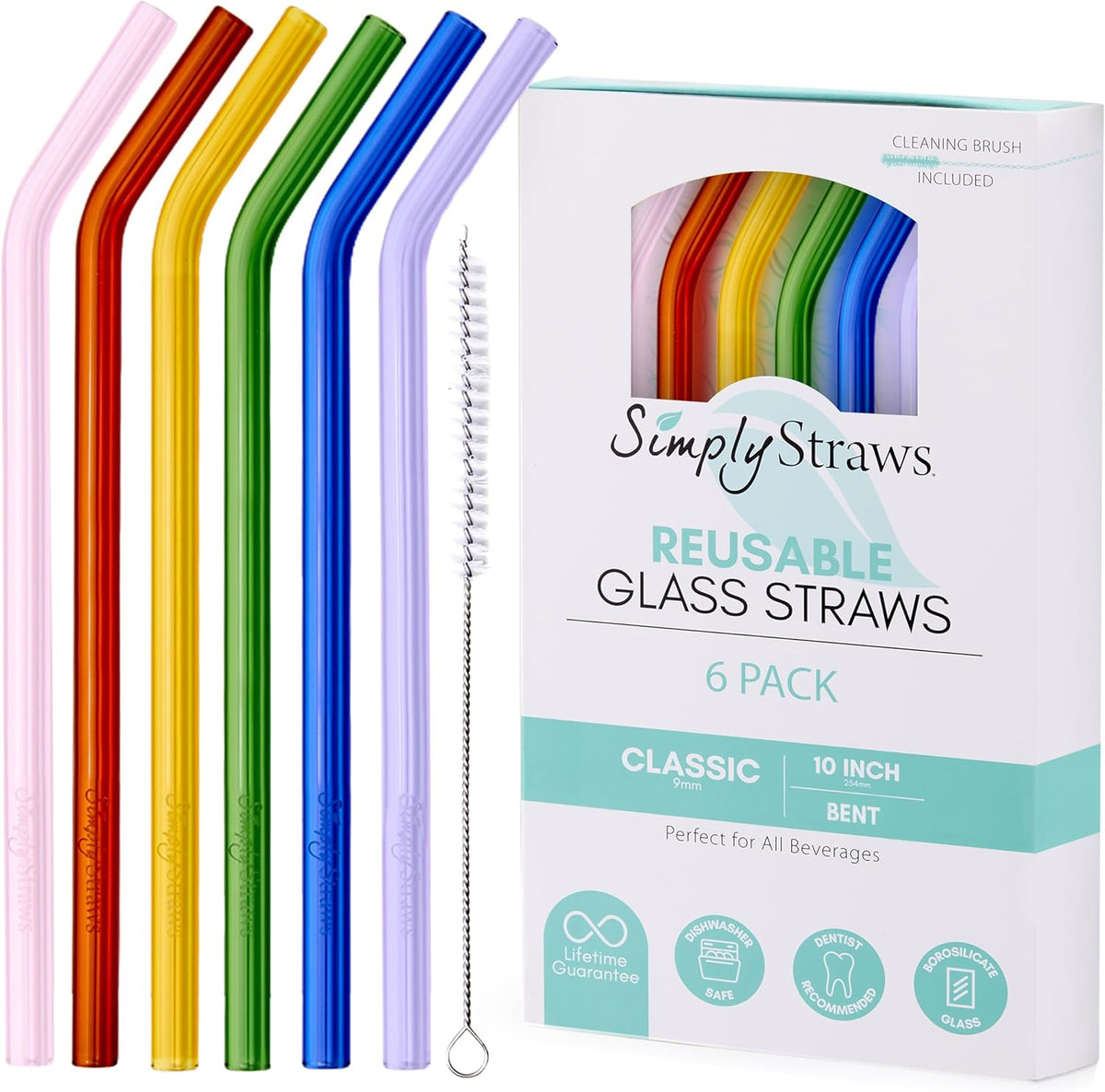 Simply Straws 10 Inch Glass Straws Bent (6-Pack) – Reusable Glass Straws for 24 Oz Mason Jars & Tumblers, with Cleaning Brush – Durable, Dishwasher Safe, Hot & Cold Use, BPA-Free (Iridium)