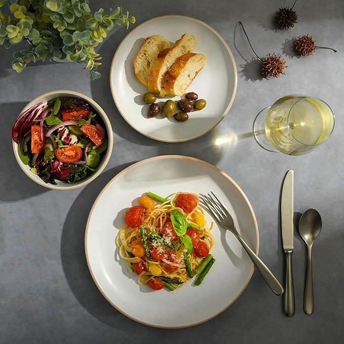 Gibson Home Rockaway 12-Piece Round Stoneware Dinnerware Set, Service for 4 – White Plates and Bowls, Modern Matte Finish, Microwave & Dishwasher Safe