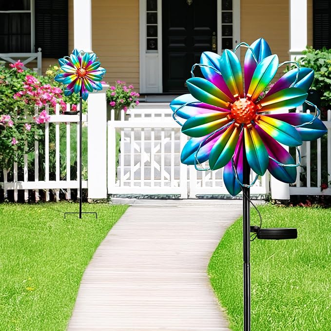 Flower Solar Wind Spinners- Metal Colorful Spinning Windmill Garden Ligths with LED Outdoor Decorative Stake Lighting Waterproof Flower Sculpture for Patio Yard