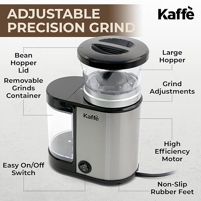 Kaffe Electric Burr Coffee Grinder (5.5oz) w/Adjustable Precise Coarseness Settings - Flat Burr - [Improved Motor] - Precision Coffee Bean Grinder for Home Use - Stainless Steel