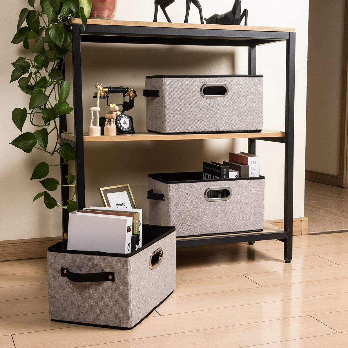 PRANDOM Fodable Storage Bins for Closet [3-Pack] Decorative Fabric Storage Baskets Cubes with Leather/Metal Handles for Shelves Bedroom Living Room Light Grey (11.5x8.5x6.7 Inch)