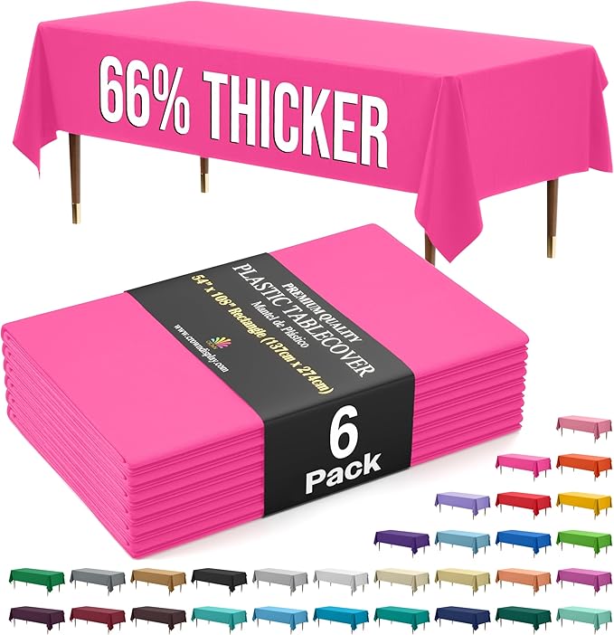Exquisite 66% Thicker Premium Plastic Table Cloth Rectangle Table Cover 0.5 Mil 6 Pack Cerise Table Cloth 54 Inch x 108 Inch Disposable Tablecloth Won't Tear Easily Like Cheap Thin Brands