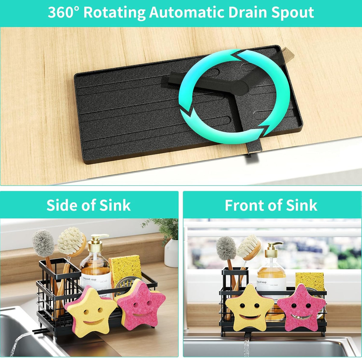 HapiRm Sink Caddy Sponge Holder - Self-draining Kitchen Sink Organizer with Smiley Face and Brush Holder, Stainless Steel Kitchen Sponge Caddy for Countertop - Black