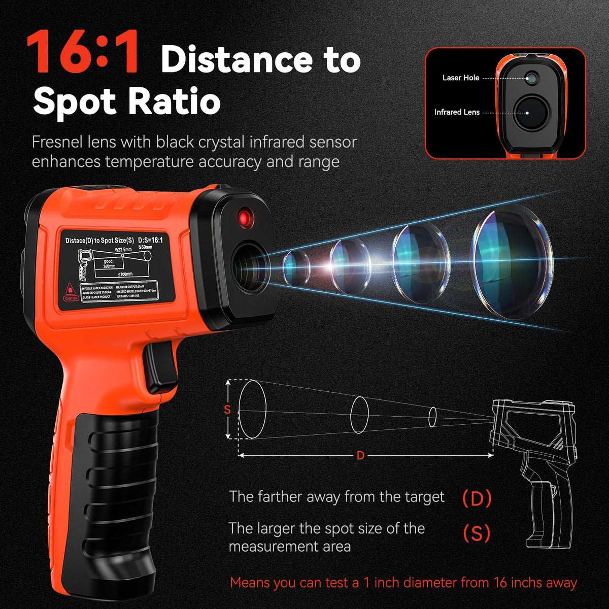 Infrared Thermometer Temperature Gun -58°F to 1796°, 16:1 Non Contact Laser Thermometer Gun with Thermocouple Probe for Humidity, Pizza Oven, Griddle, Ir Temp Gun for Home and Industry Repair